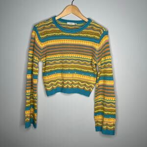 Lush Cropped Sweater Womens Medium Blue Yellow Multi EUC Striped Pointelle Knit